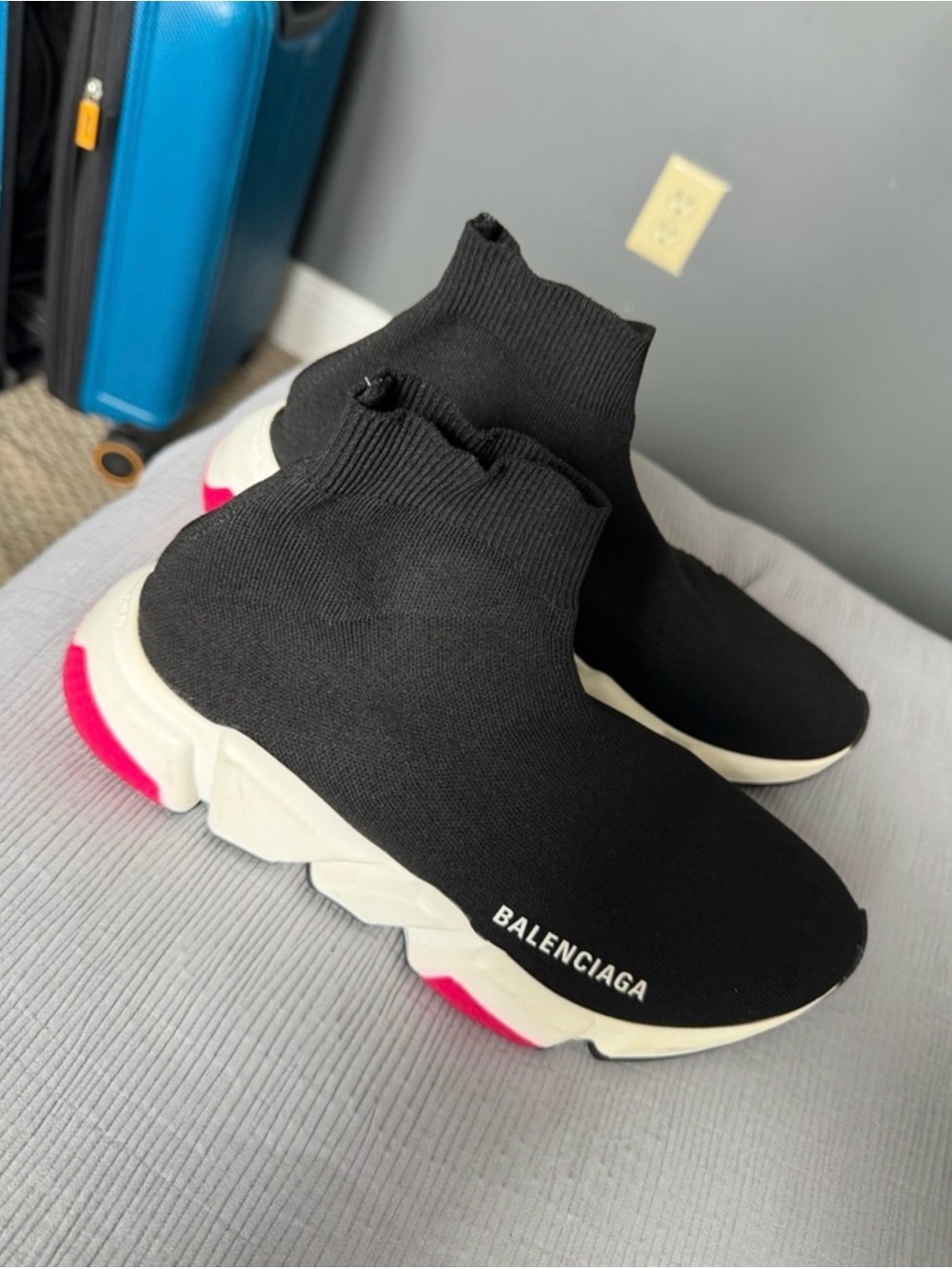Balenciaga Black Knit Sock Sneakers with White & Pink Sole